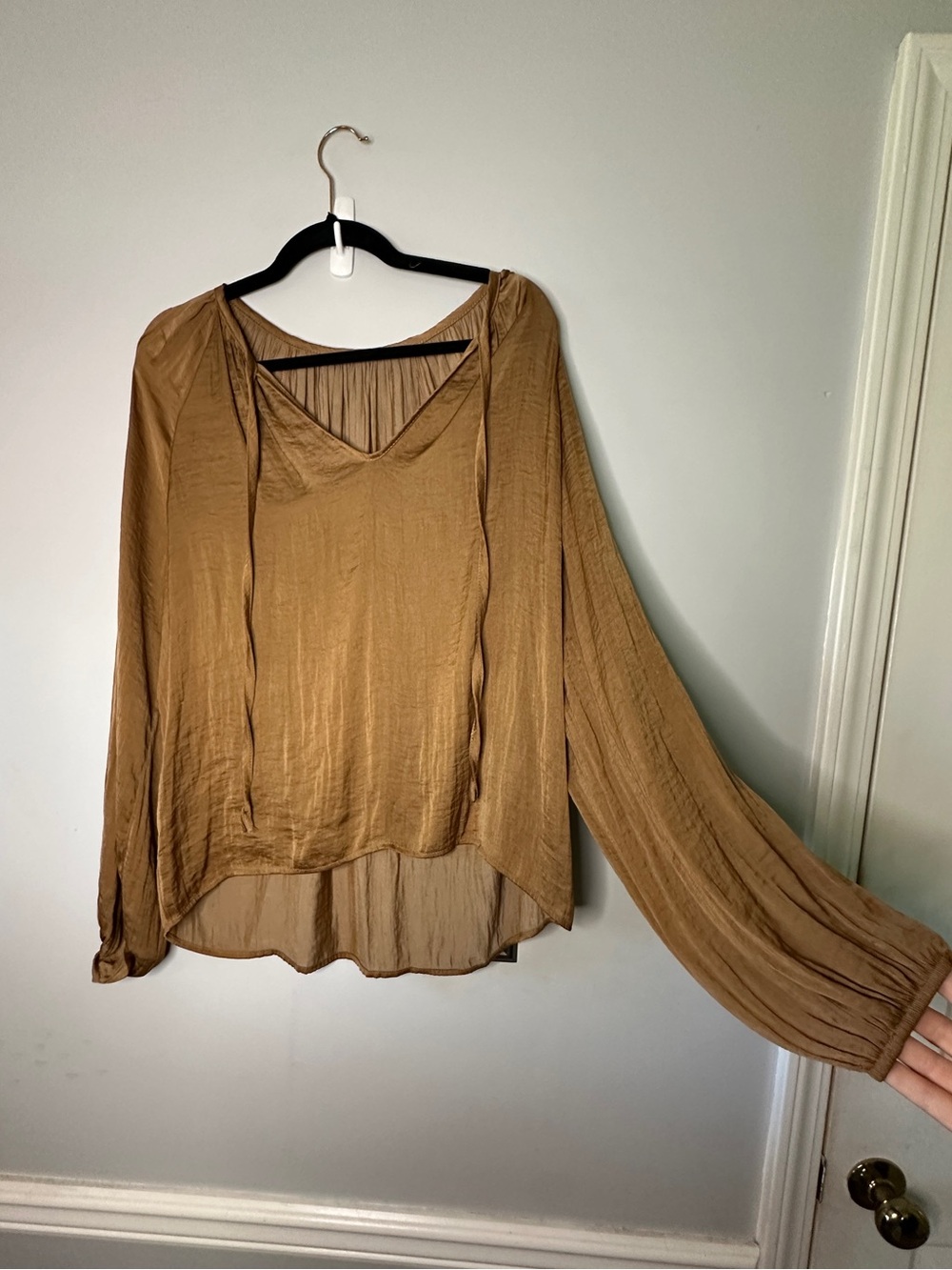 Lightweight Long-Sleeve V-Neck Blouse in Camel